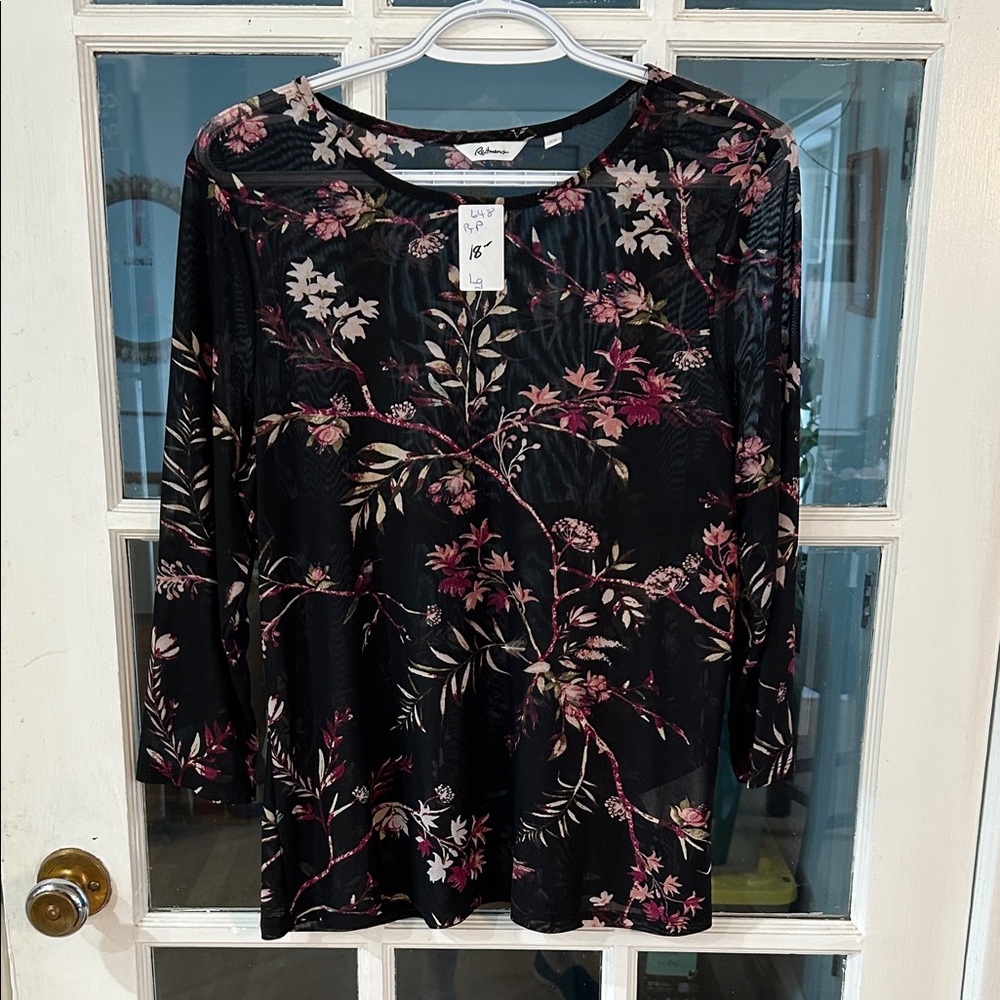 648.  Reitman’s Women's Black and Pink Floral Blouse